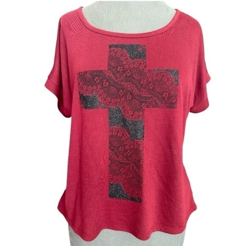 HYBRID Apparel Womens Tee L Burgundy Red Black Cross Front Lace Back Distressed - Picture 4 of 7